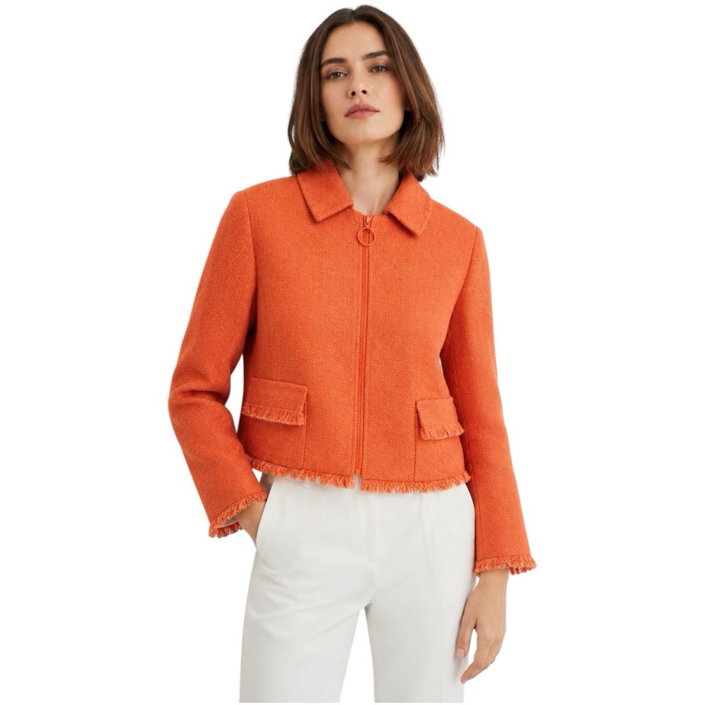 Akris Punto Saks Exclusive Orange Fringe Trim Zip Jacket Silk Lined Sz 8